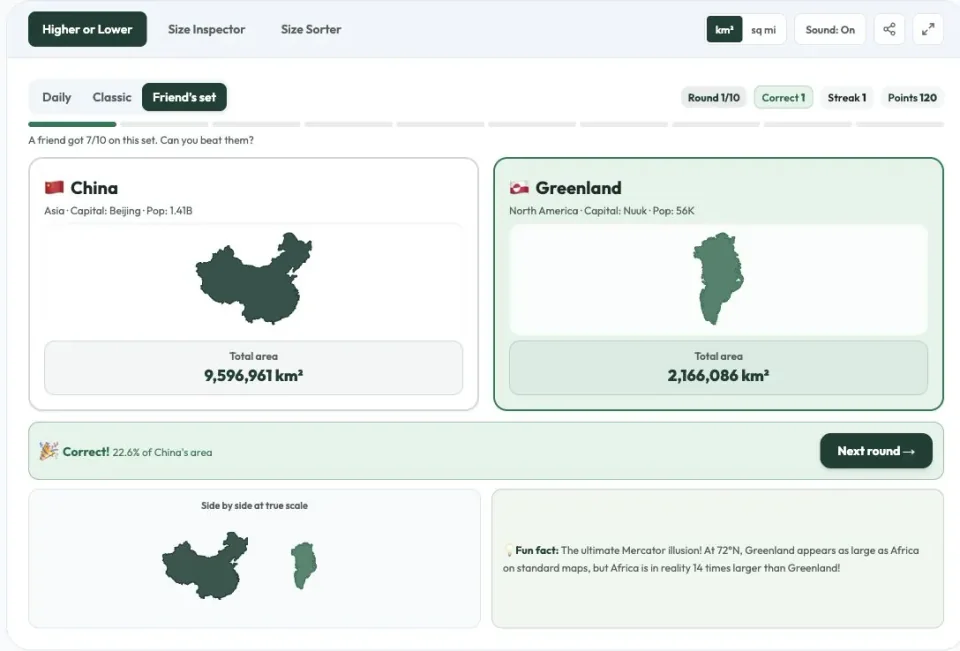 Country Size Game showing a comparison between two countries