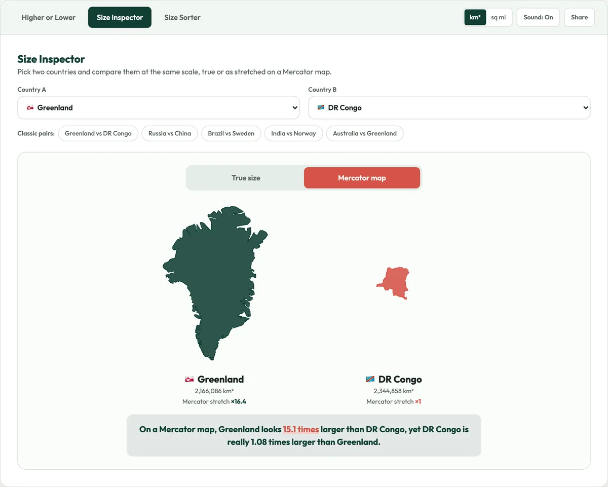 Country size comparison screenshot: Greenland and DR Congo on a Mercator map