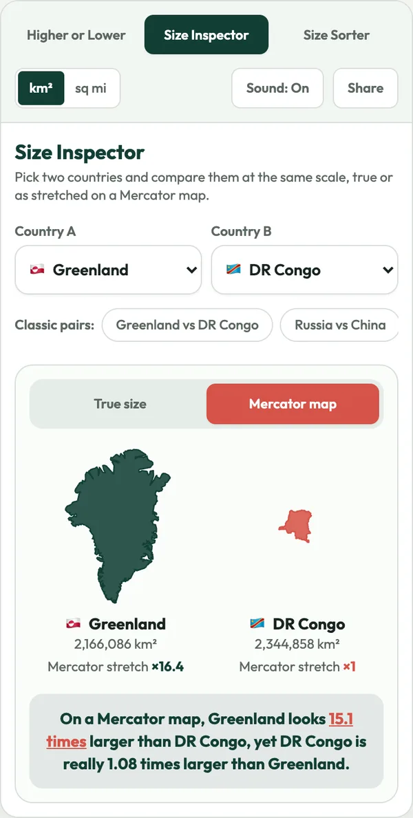 Country size comparison screenshot: Greenland and DR Congo on a Mercator map
