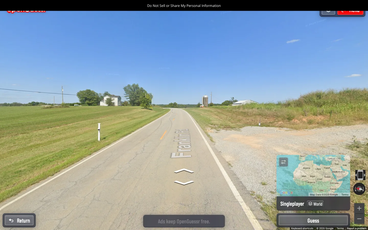 Street-view gameplay: explore the scene and use the map to guess your location